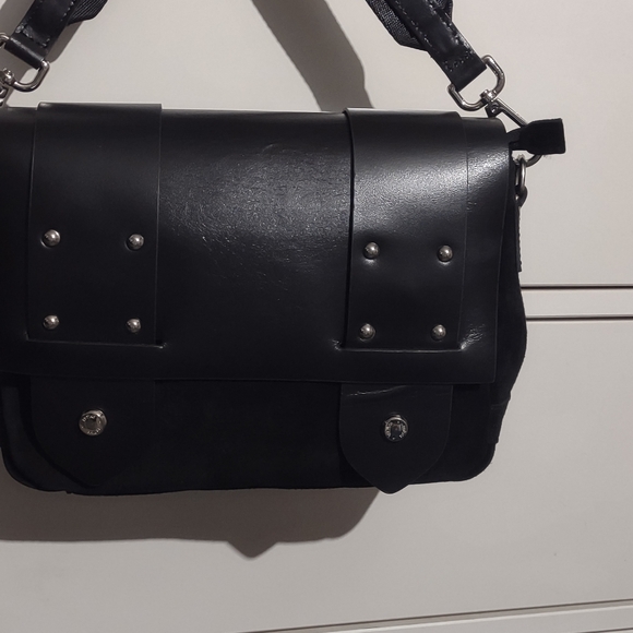 PRUNE . Black suede and bovine leather dotted snap front zipper prune purse. - Picture 3 of 15